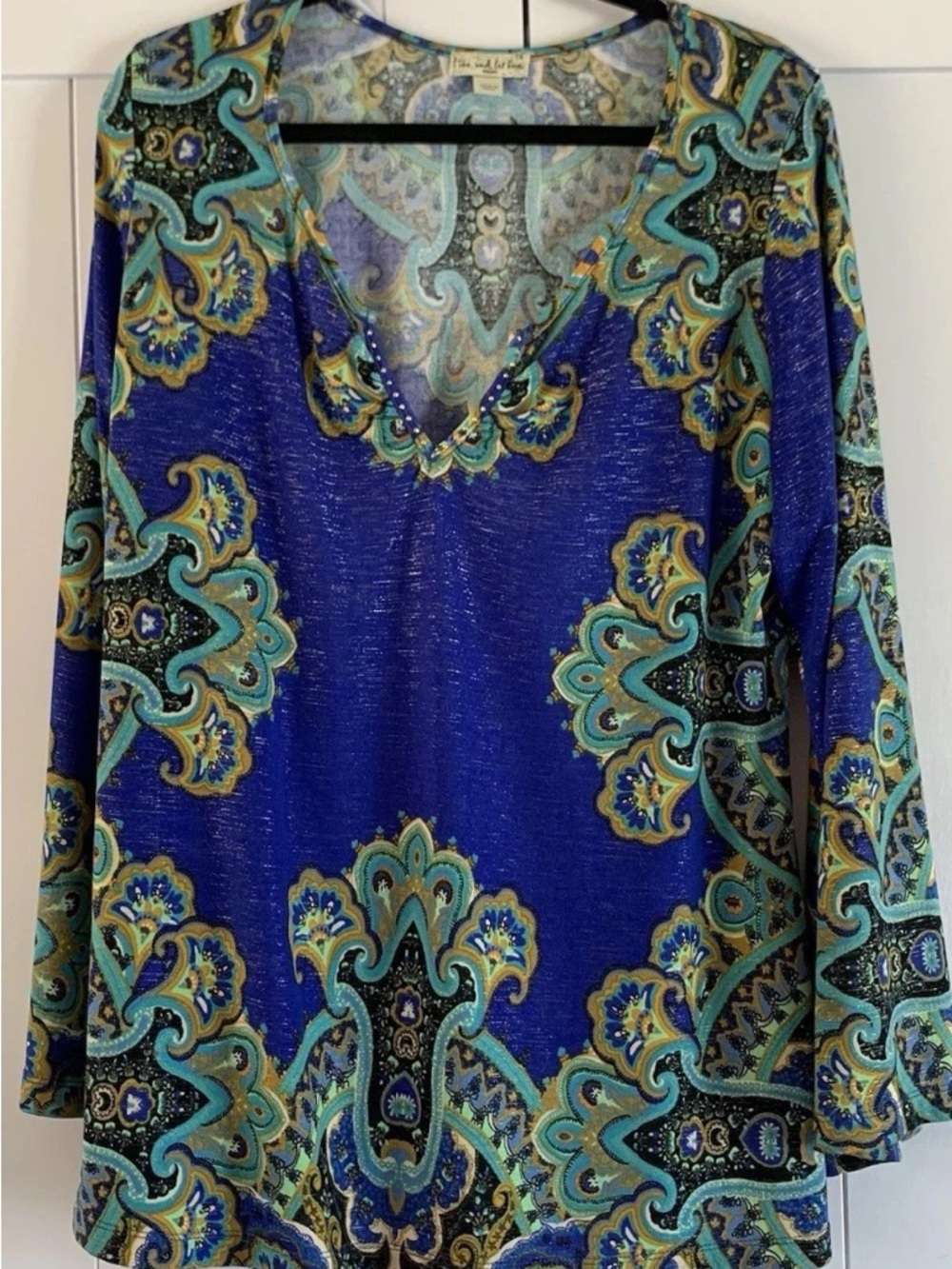 Live and Let Live 1X Blue Paisley Embellished Tunic Top Boho Plus
